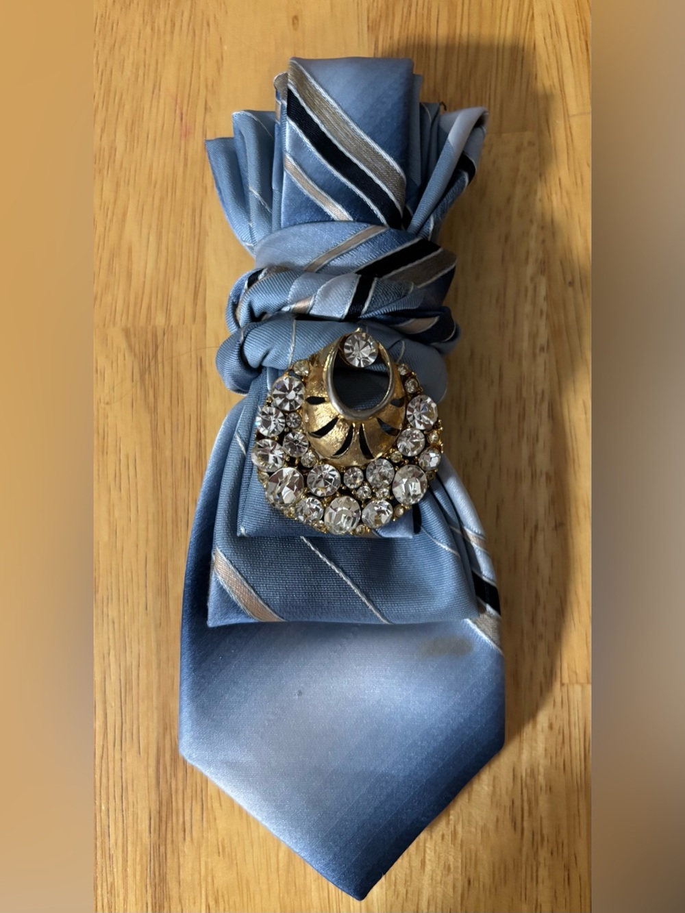 Light Blue Striped Silk Tie with Rhinestone Brooch